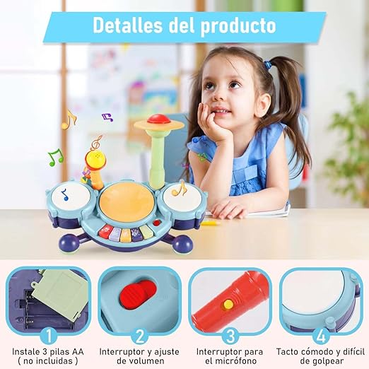 RUBOQE Juguetes de Instrumentos Musicales, Batería Infantil con Baquetas,  Teclado de Piano y Micrófono, Desarrollar El Talento Musical de los Niños, 