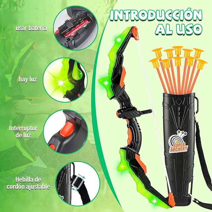 E T EASYTAO Juego de Arco Y Flecha, Juguete de Tiro con Luz LED con 10 Flechas de Ventosa Objetivo Y Carcaj para Niños, Juguetes de Interior Y Exterior, para Niños de 4 a 12 Años.