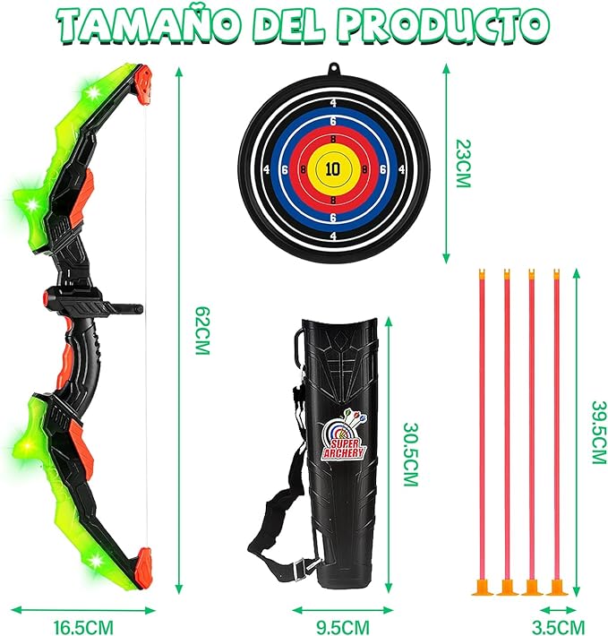 E T EASYTAO Juego de Arco Y Flecha, Juguete de Tiro con Luz LED con 10 Flechas de Ventosa Objetivo Y Carcaj para Niños, Juguetes de Interior Y Exterior, para Niños de 4 a 12 Años.