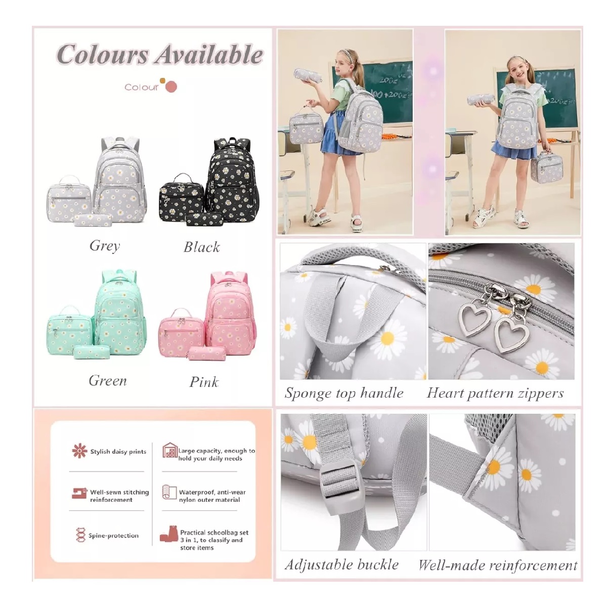 M Mochila Escolar Impermeable Y Lonchera Lapicera Para Adolescentes Niñas Niños Viaje Laptop Con Estampado De Margaritas.