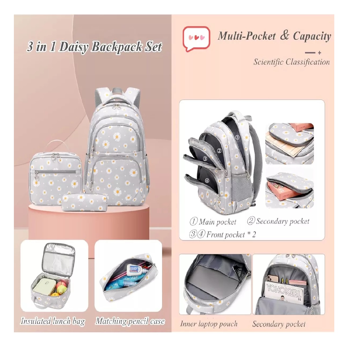 M Mochila Escolar Impermeable Y Lonchera Lapicera Para Adolescentes Niñas Niños Viaje Laptop Con Estampado De Margaritas.