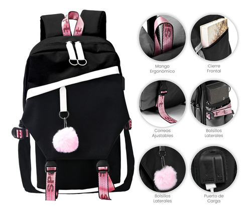 Mochila Kawaii Estilo Coreano Juvenil Moda Con Puerto Usb