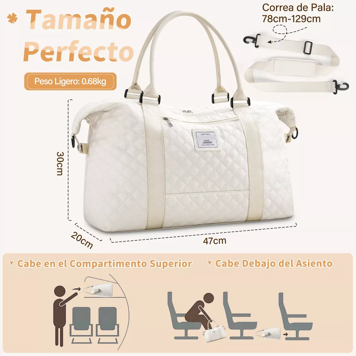 Maleta Deportiva Mujer Impermeable Bolsa Para Gym Beige