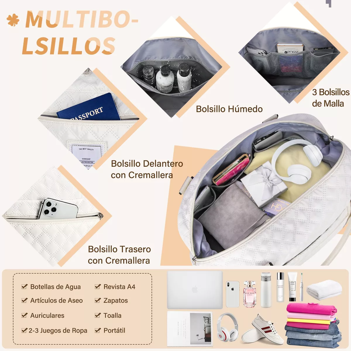Maleta Deportiva Mujer Impermeable Bolsa Para Gym Beige