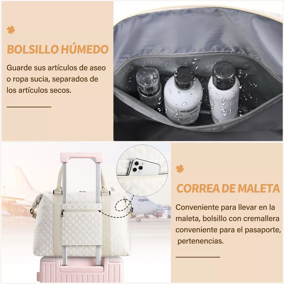 Maleta Deportiva Mujer Impermeable Bolsa Para Gym Beige