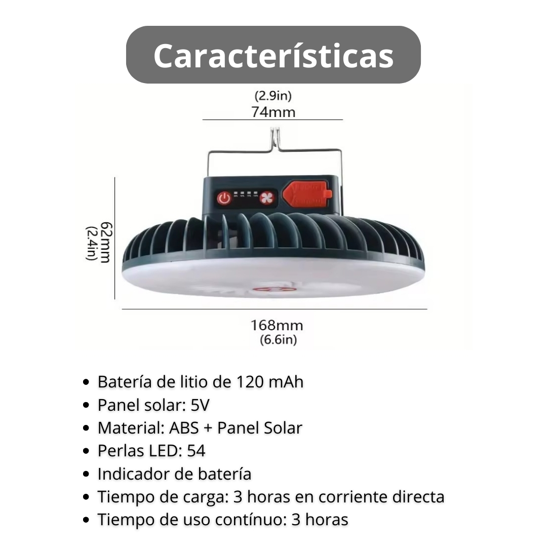 Lampara Ventilador 2 En 1 con Panel Solar Recargable para Camping y Casa