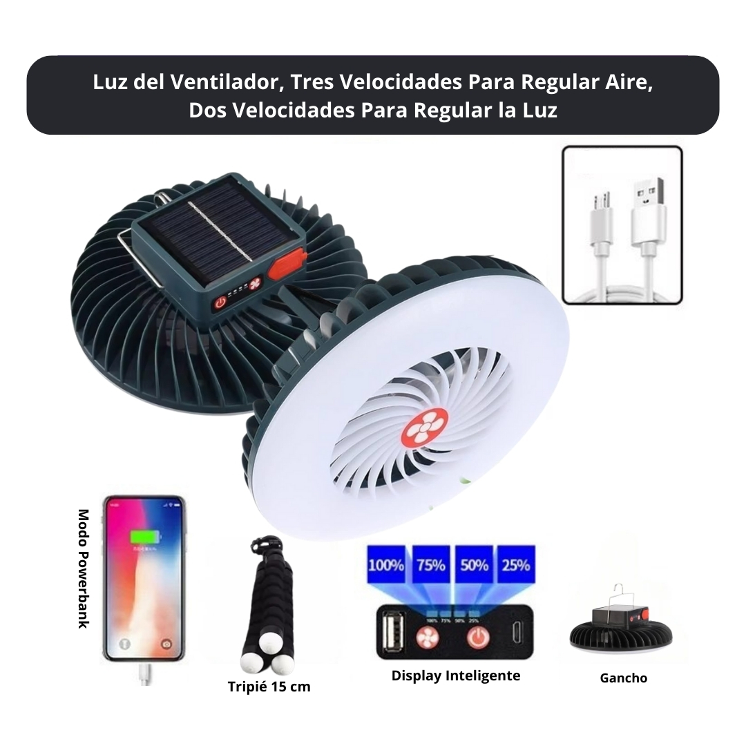 Lampara Ventilador 2 En 1 con Panel Solar Recargable para Camping y Casa