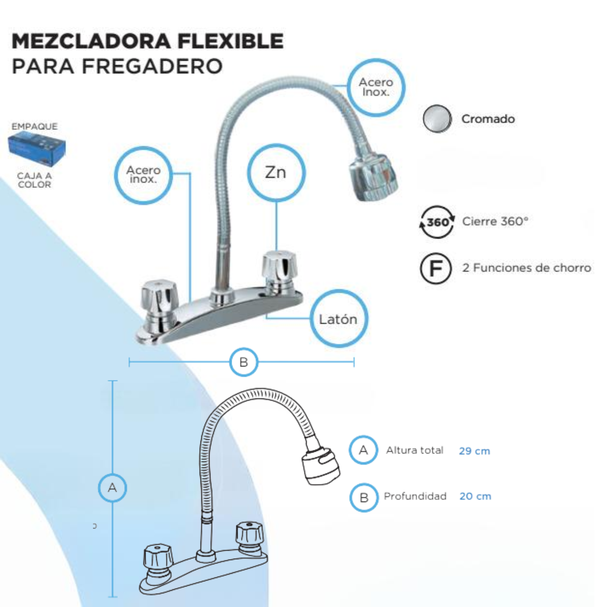 Meer Mezcladora Flexible Cromada para Fregadero, Fabricada en Acero Inox, Zinc y Latón, llave de agua para cocina