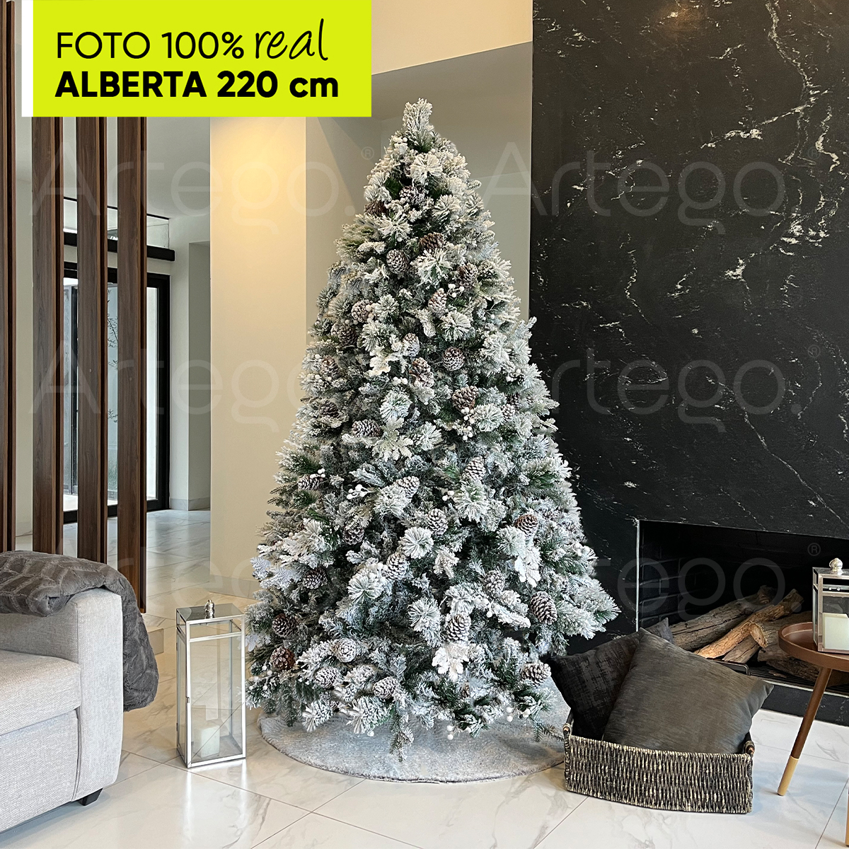 Árbol de Navidad Nevado 2.20m Premium *Piñas Gigantes* Alberta Spruce Artego Nieve Pino Artificial Frondoso Navideño + Maleta