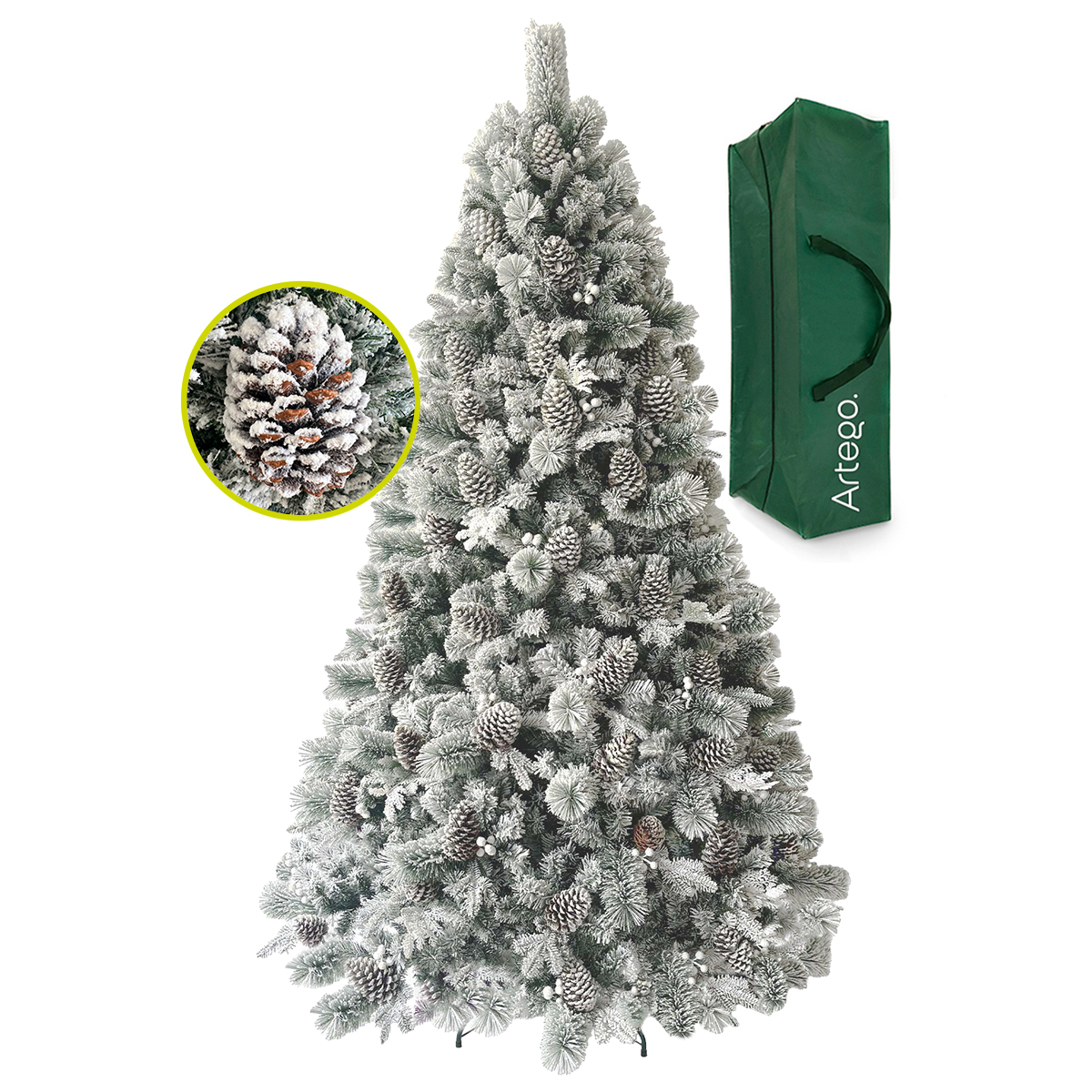 Árbol de Navidad Nevado 2.20m Premium *Piñas Gigantes* Alberta Spruce Artego Nieve Pino Artificial Frondoso Navideño + Maleta