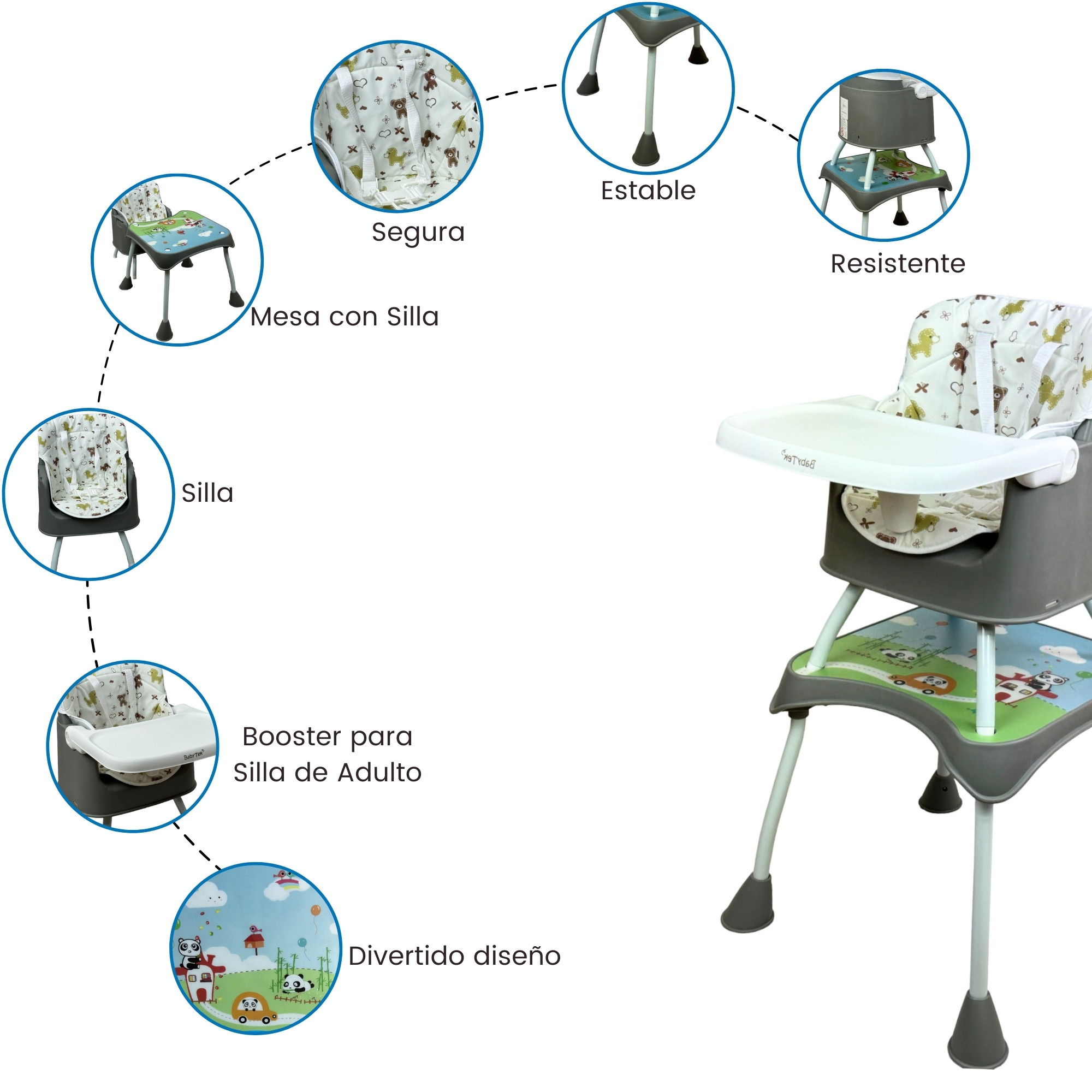 Silla Alta con Periquera para Bebe con Bandeja y Convertible  - Gris