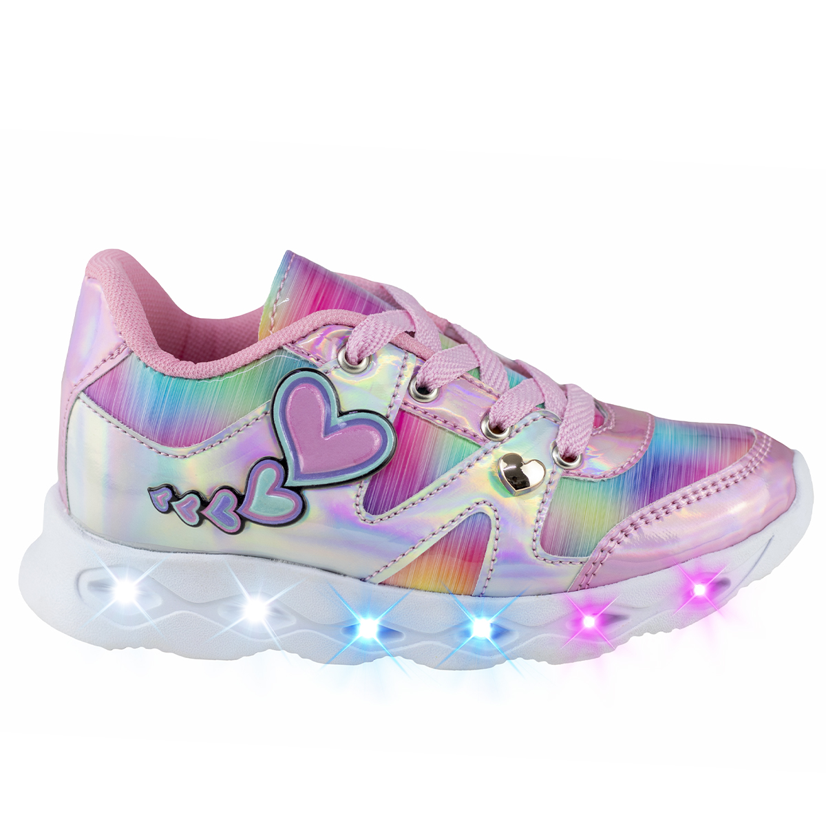 Tenis Con Luces Para Niña Kids Shoes Urbano Diseño de Corazon 106-5 Plata