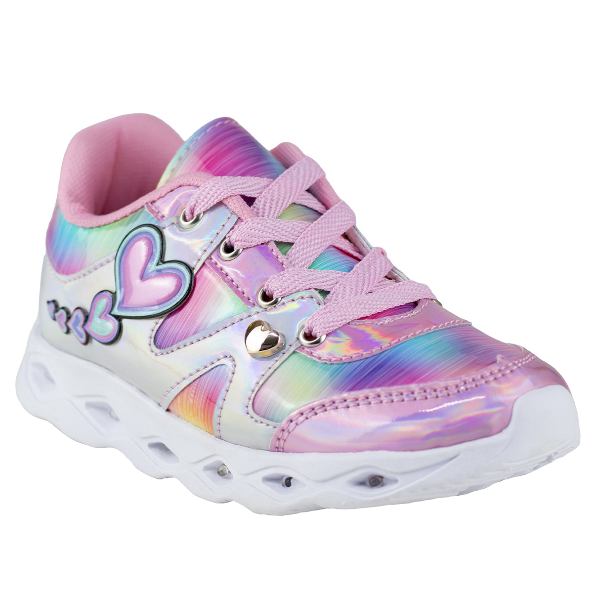 Tenis Con Luces Para Niña Kids Shoes Urbano Diseño de Corazon 106-5 Plata