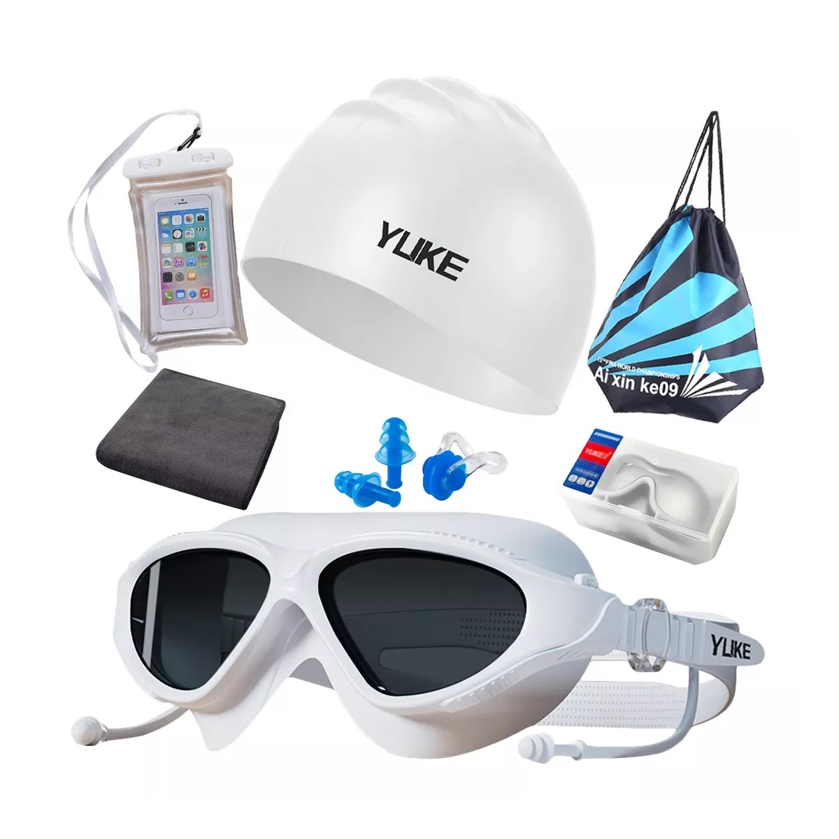 Kit Goggles Natacion 8Piezas Blanco y  Azul
