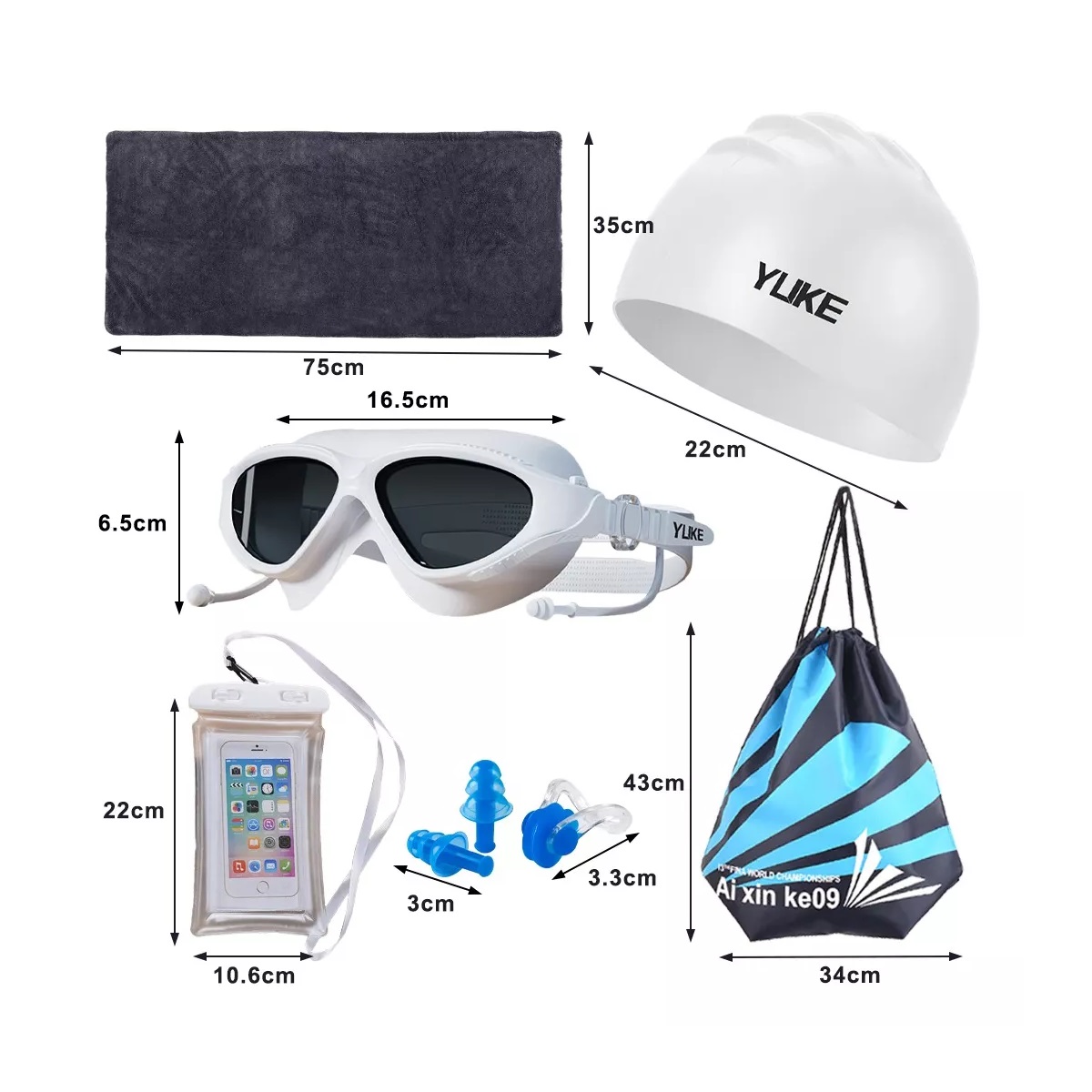 Kit Goggles Natacion 8Piezas Blanco y  Azul