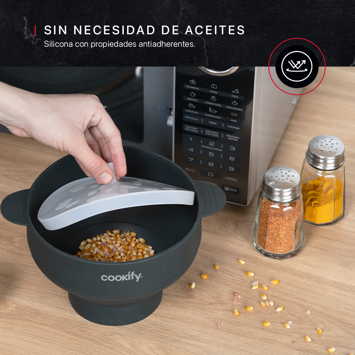 Palomera de Silicona Reutilizable Palomitas para Microondas sin Aceite Libre de BPA en Gris Oscuro COOKIFY