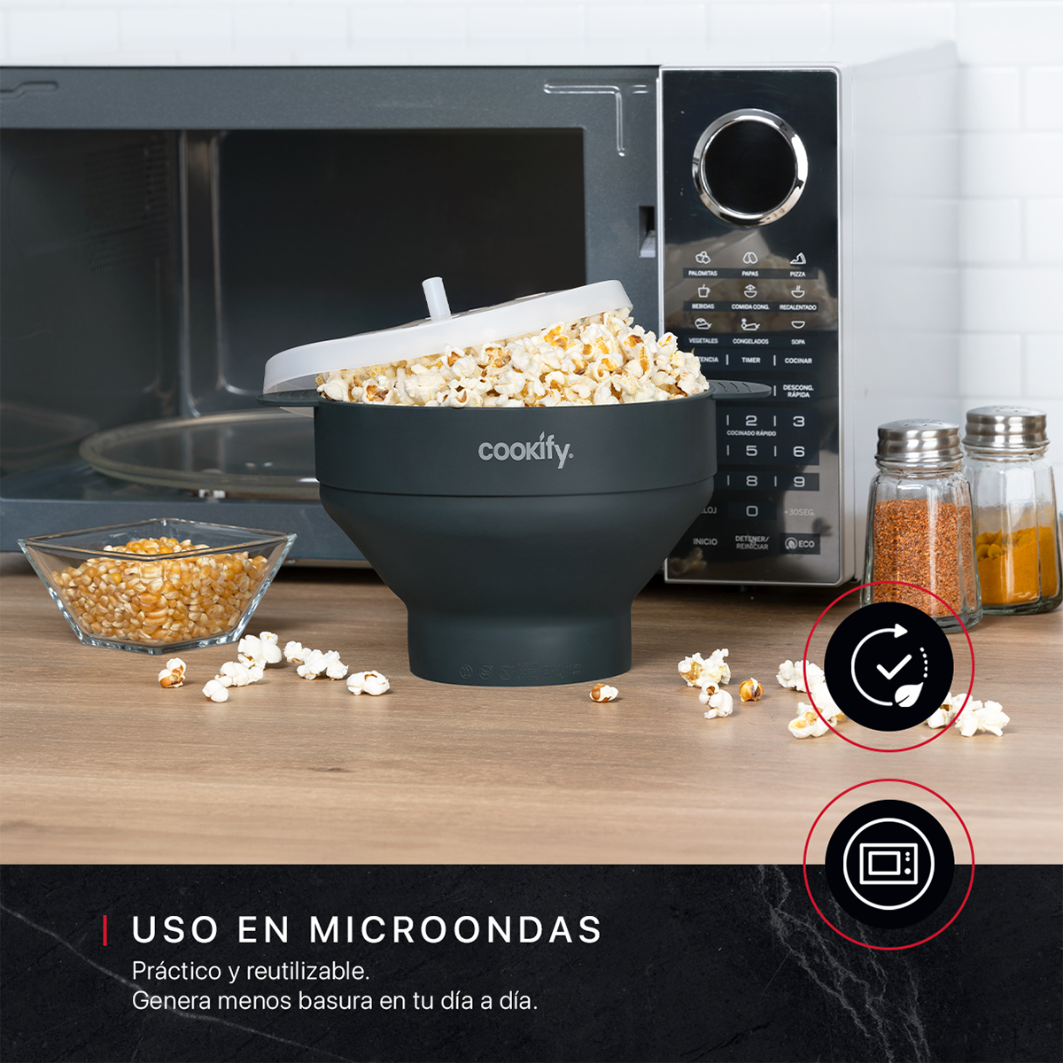 Palomera de Silicona Reutilizable Palomitas para Microondas sin Aceite Libre de BPA en Gris Oscuro COOKIFY