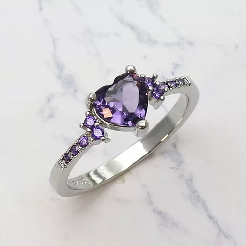 Anillo De Compromiso Corazón Morado Amatista Plata S925 Nf