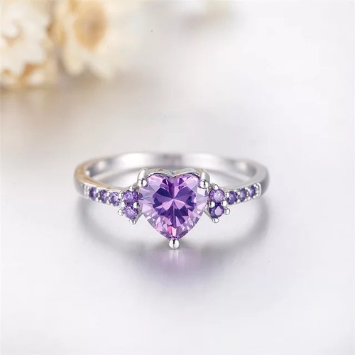 Anillo De Compromiso Corazón Morado Amatista Plata S925 Nf