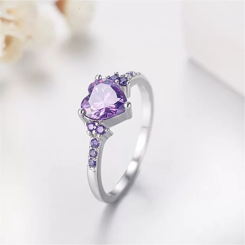 Anillo De Compromiso Corazón Morado Amatista Plata S925 Nf