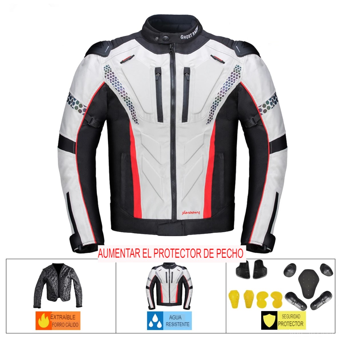 Chamarra Chaqueta blanco moto impermeable motocicleta protección armadura agua aire reflejante