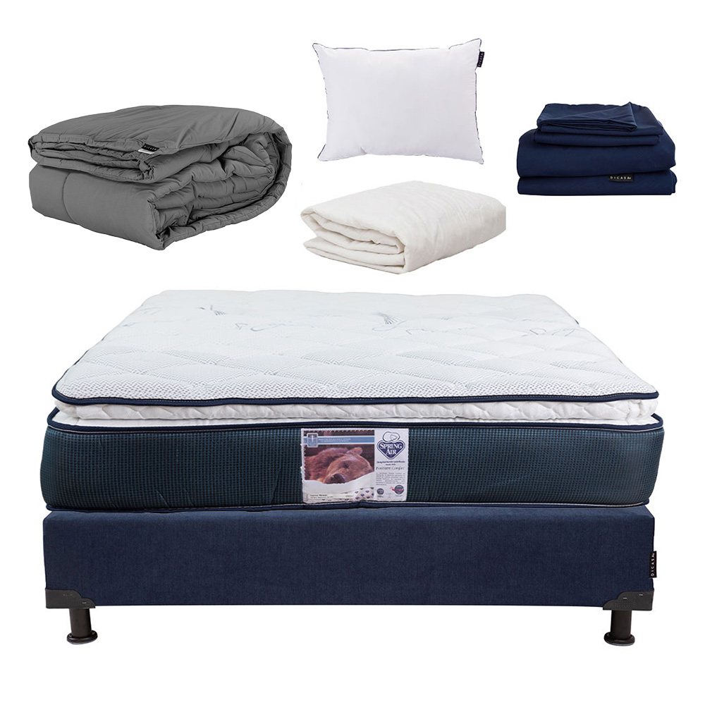Colchon Queen Size Spring Air Monaco con Box, Almohada One, Sabanas, Protector y Edredon