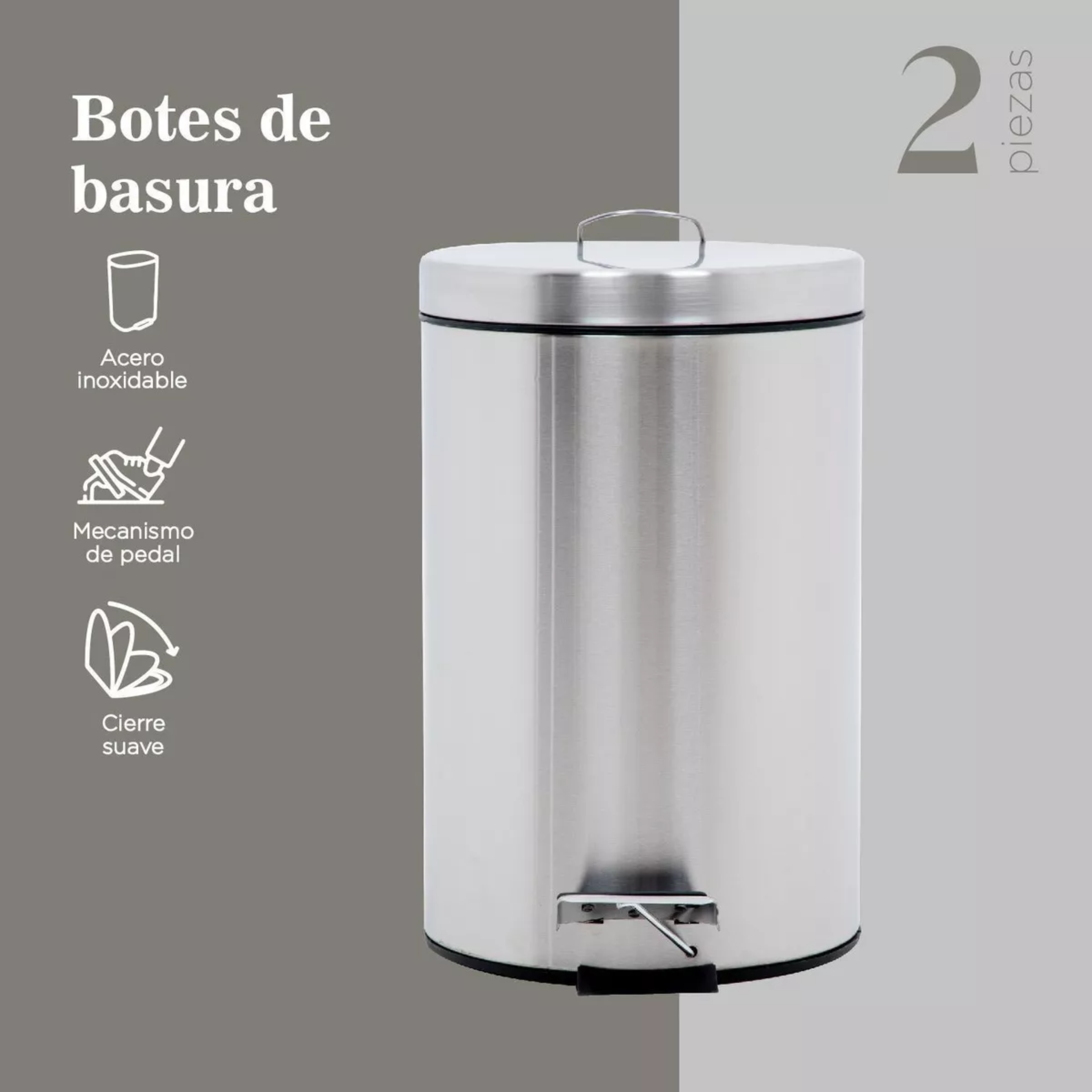 Set Botes De Basura 7 Y 12 Litros Acero Inox C/pedal Cocina Color Gris