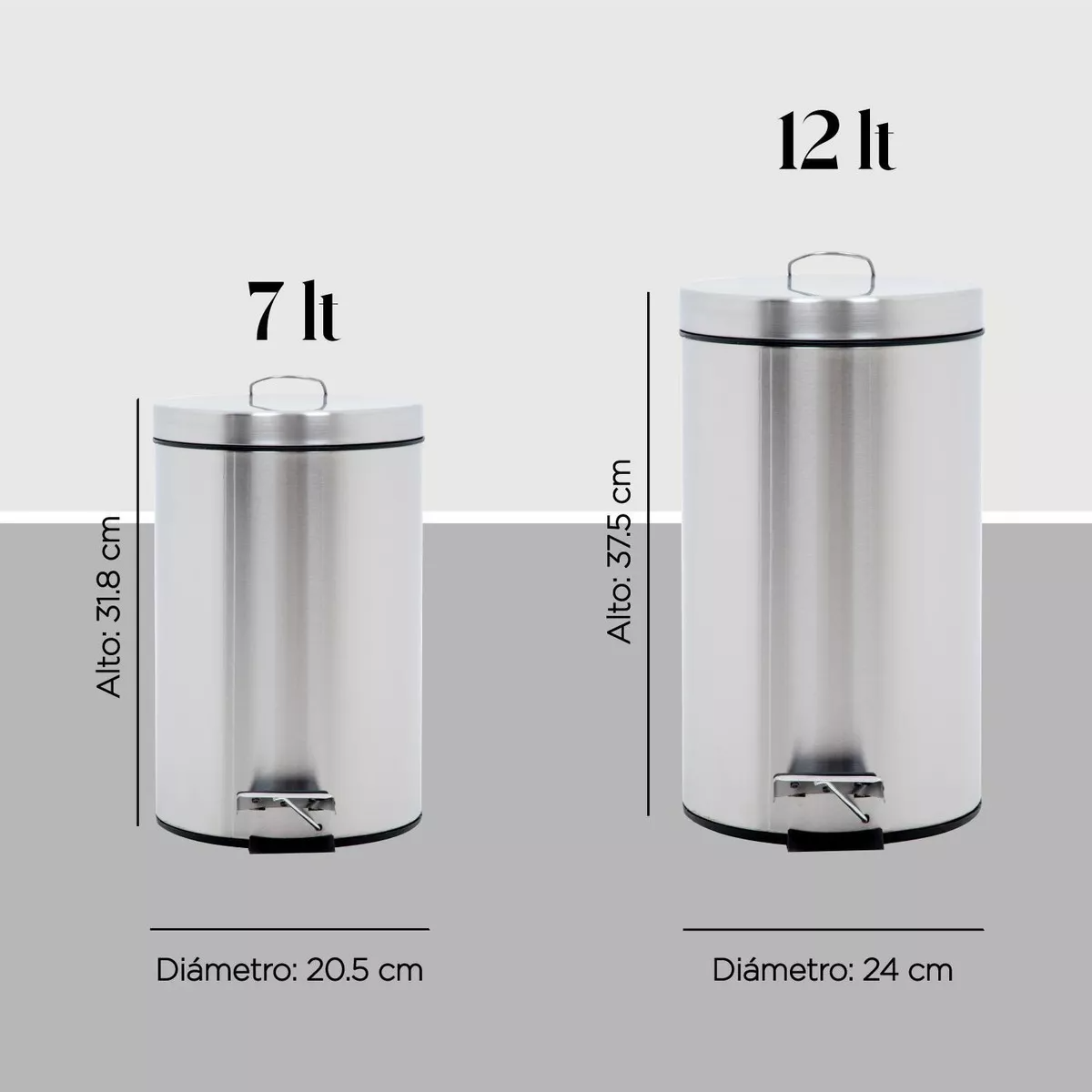Set Botes De Basura 7 Y 12 Litros Acero Inox C/pedal Cocina Color Gris