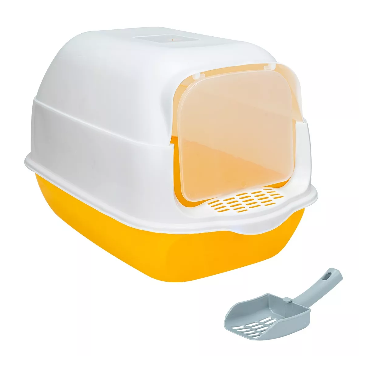 Arenero Sanitario Cerrado Para Gato Con Pala Puerta Abatible Naranja