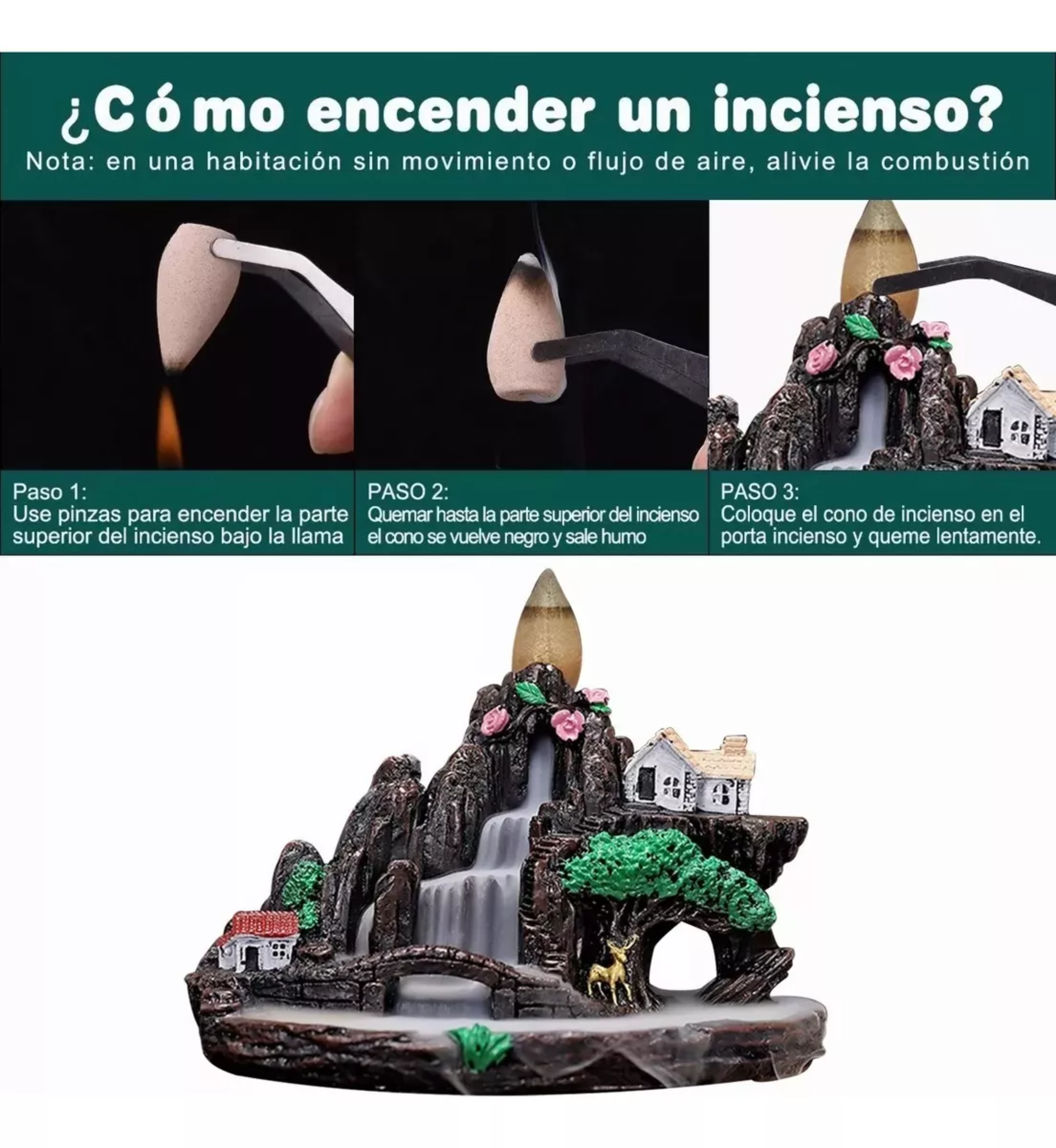 Quemador De Incienso Con Cascada+120 Inciensos De Reflujo