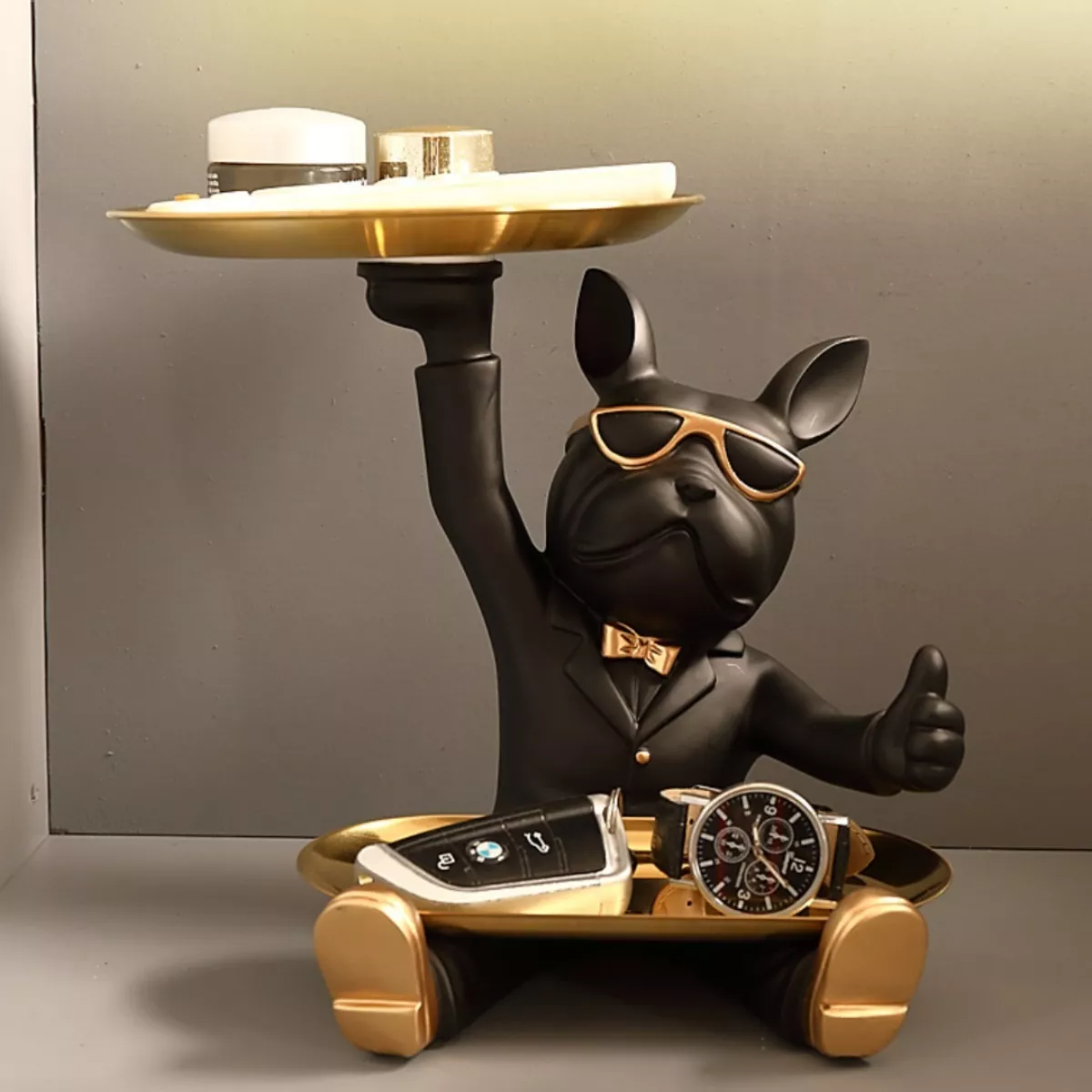 Perro Bulldog Escultura Decoración Del Hogar Con Bandeja