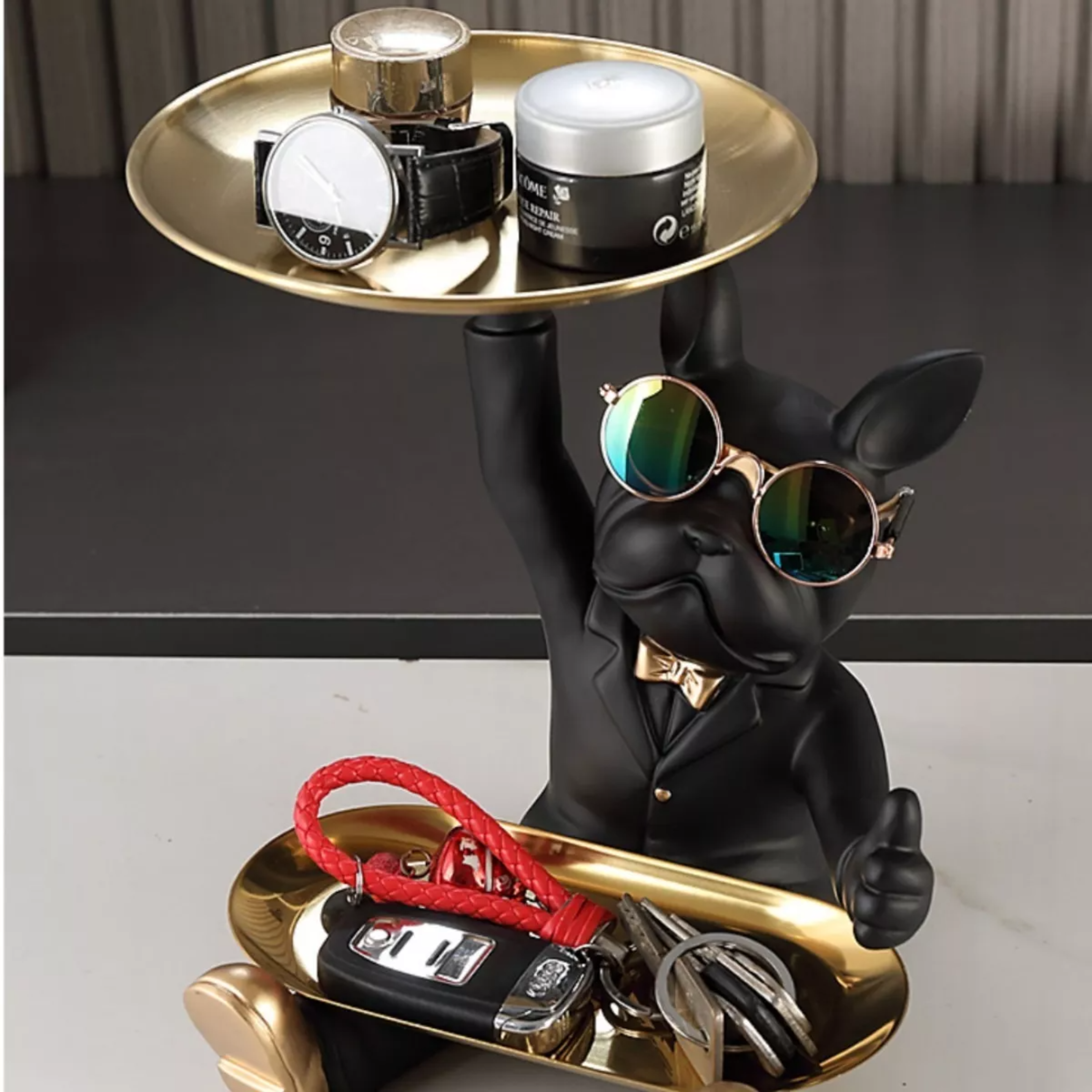 Perro Bulldog Escultura Decoración Del Hogar Con Bandeja