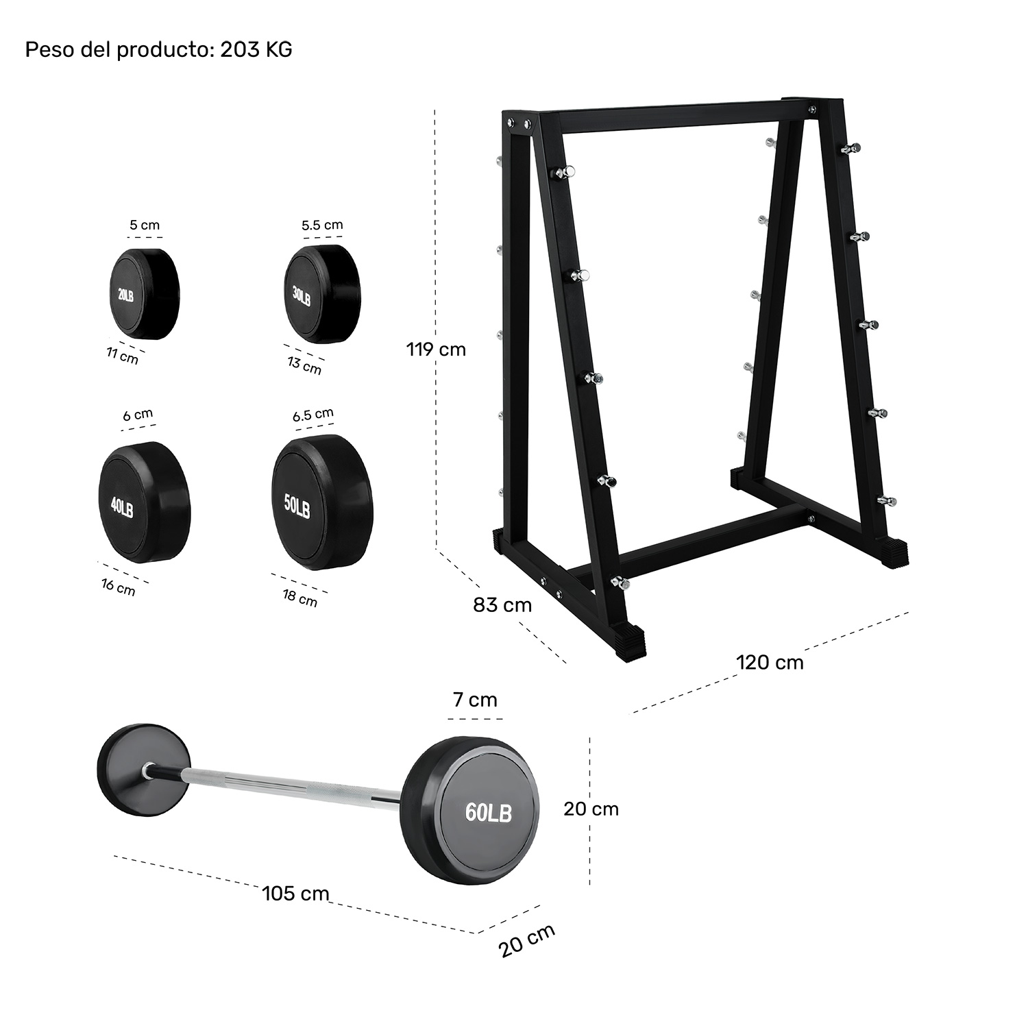 Rack 10 Barras Rectas 20 A 60 Lb Soporte Estante Pesas