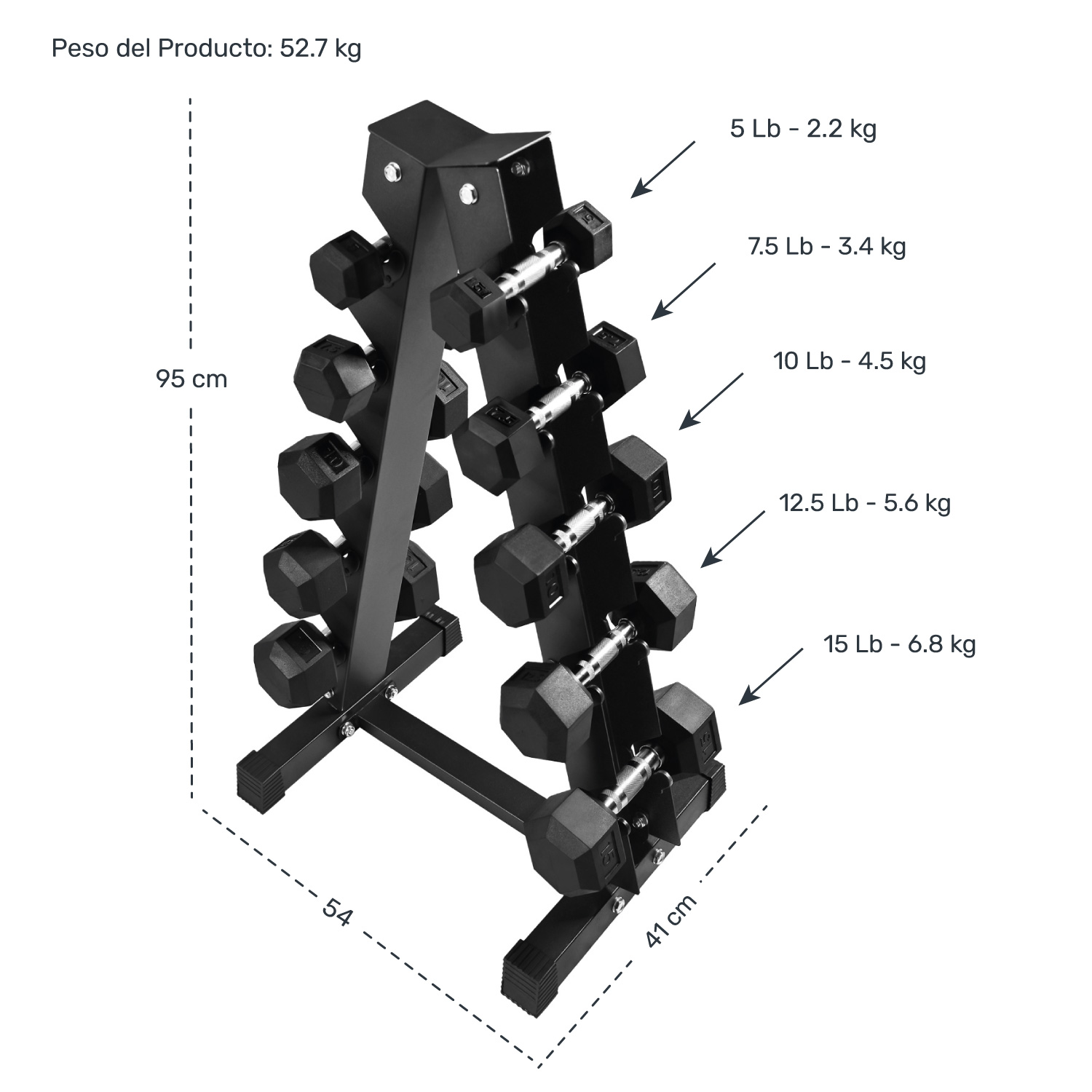 Rack 10 Pesas Hexagonales Mancuernas 5-15 Lb Soporte Estante