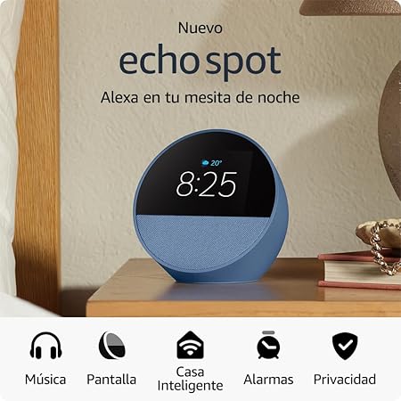 Echo Spot (modelo de 2024), despertador inteligente con sonido vibrante y Alexa, Azul