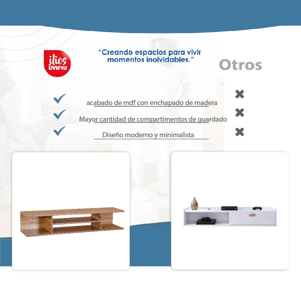 Ilios Innova | Mueble TV Flotante con Repisas, Parota Moderno Minimalista, Ideal Para Organizar Tus Dispositivos Electrónicos