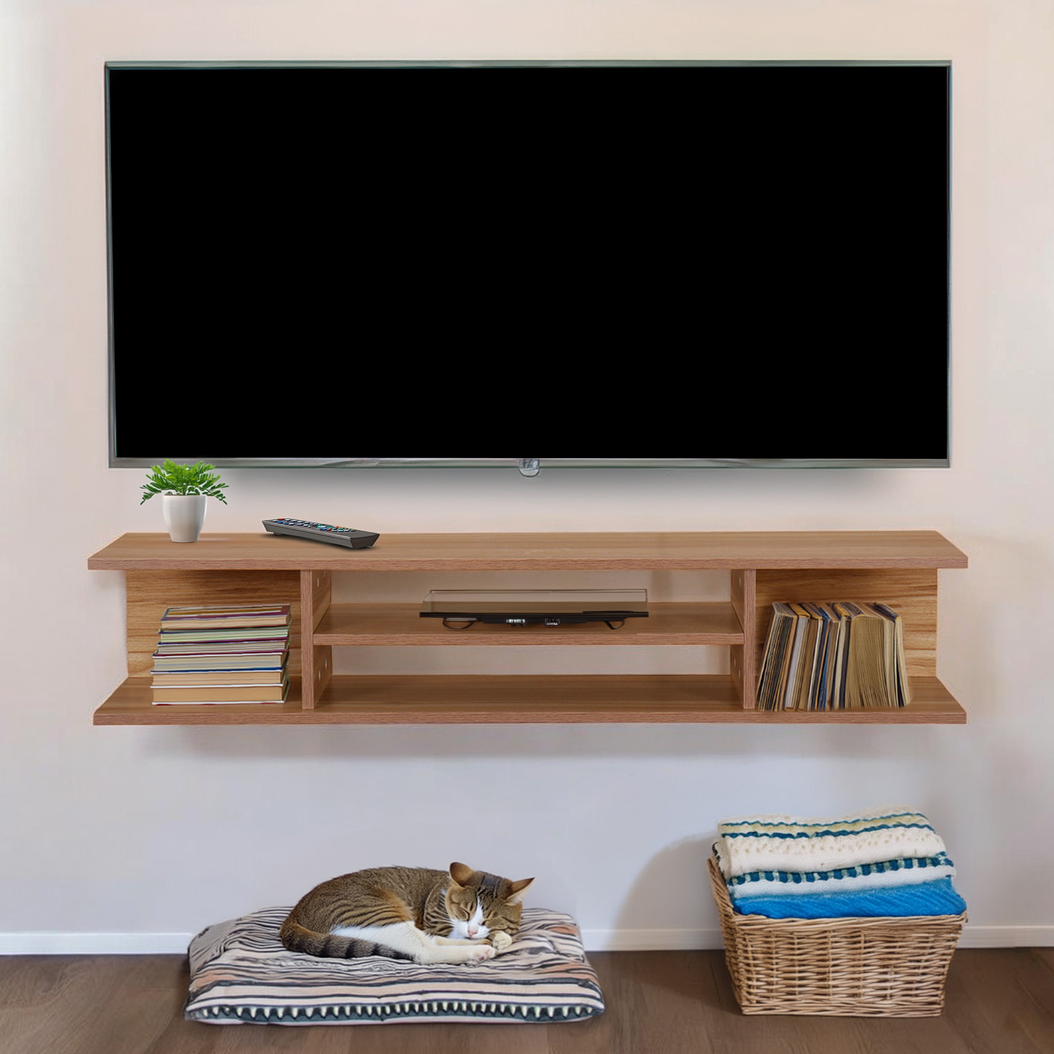 Ilios Innova | Mueble TV Flotante con Repisas, Parota Moderno Minimalista, Ideal Para Organizar Tus Dispositivos Electrónicos