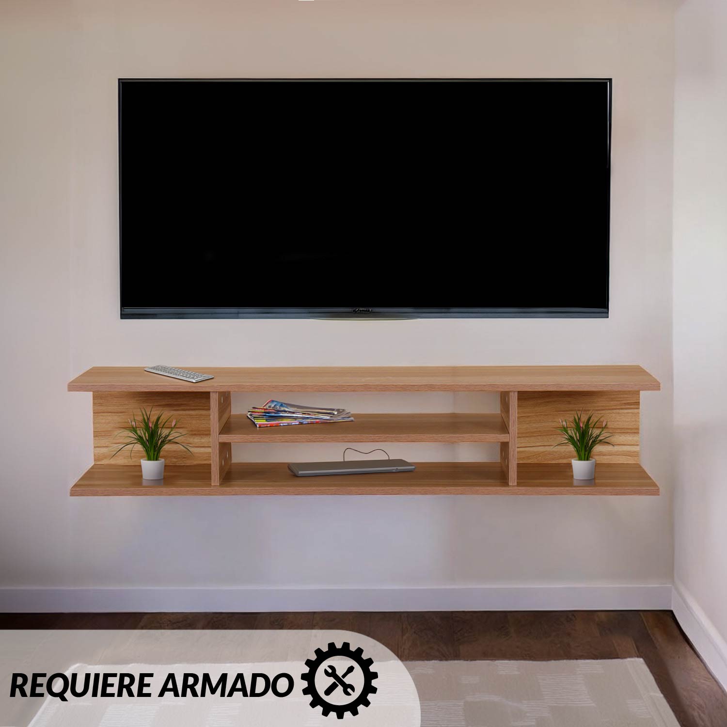 Ilios Innova | Mueble TV Flotante con Repisas, Parota Moderno Minimalista, Ideal Para Organizar Tus Dispositivos Electrónicos