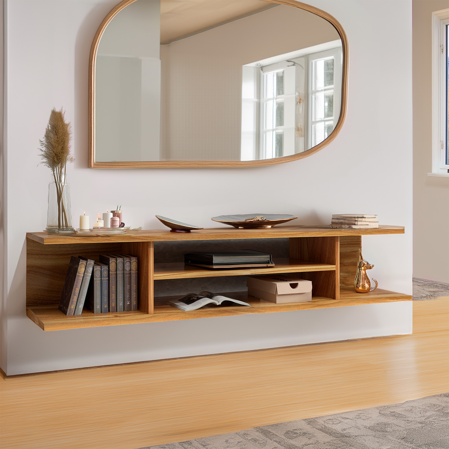 Ilios Innova | Mueble TV Flotante con Repisas, Parota Moderno Minimalista, Ideal Para Organizar Tus Dispositivos Electrónicos