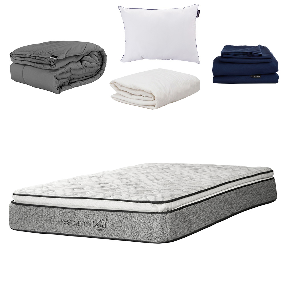Colchón Matrimonial Restonic Vail con Almohada One, Sabanas Softy, Protector y Edredon