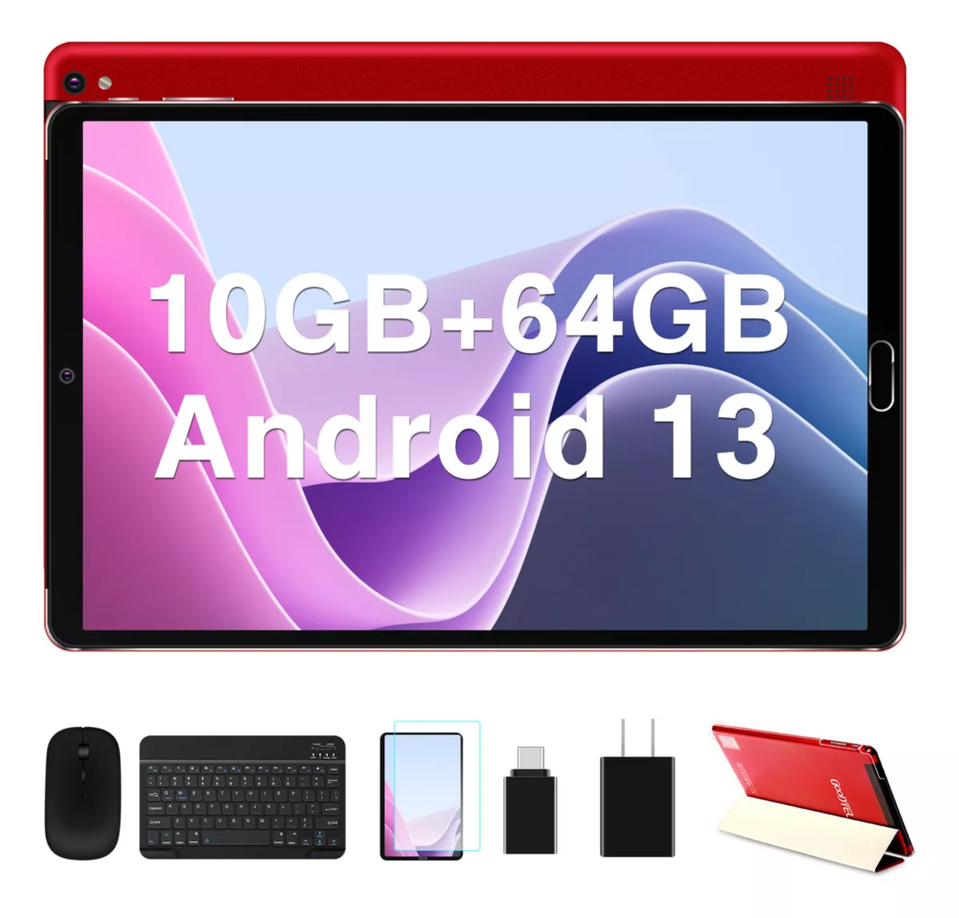 Tablet Goodtel Android 13 G2 10.1 pulg. Tableta Roja 10GB RAM 64GB ROM Octa core WIFI 2.4G 5G Bluetooth 5.0 Con Funda Teclado Y Ratón Rojo