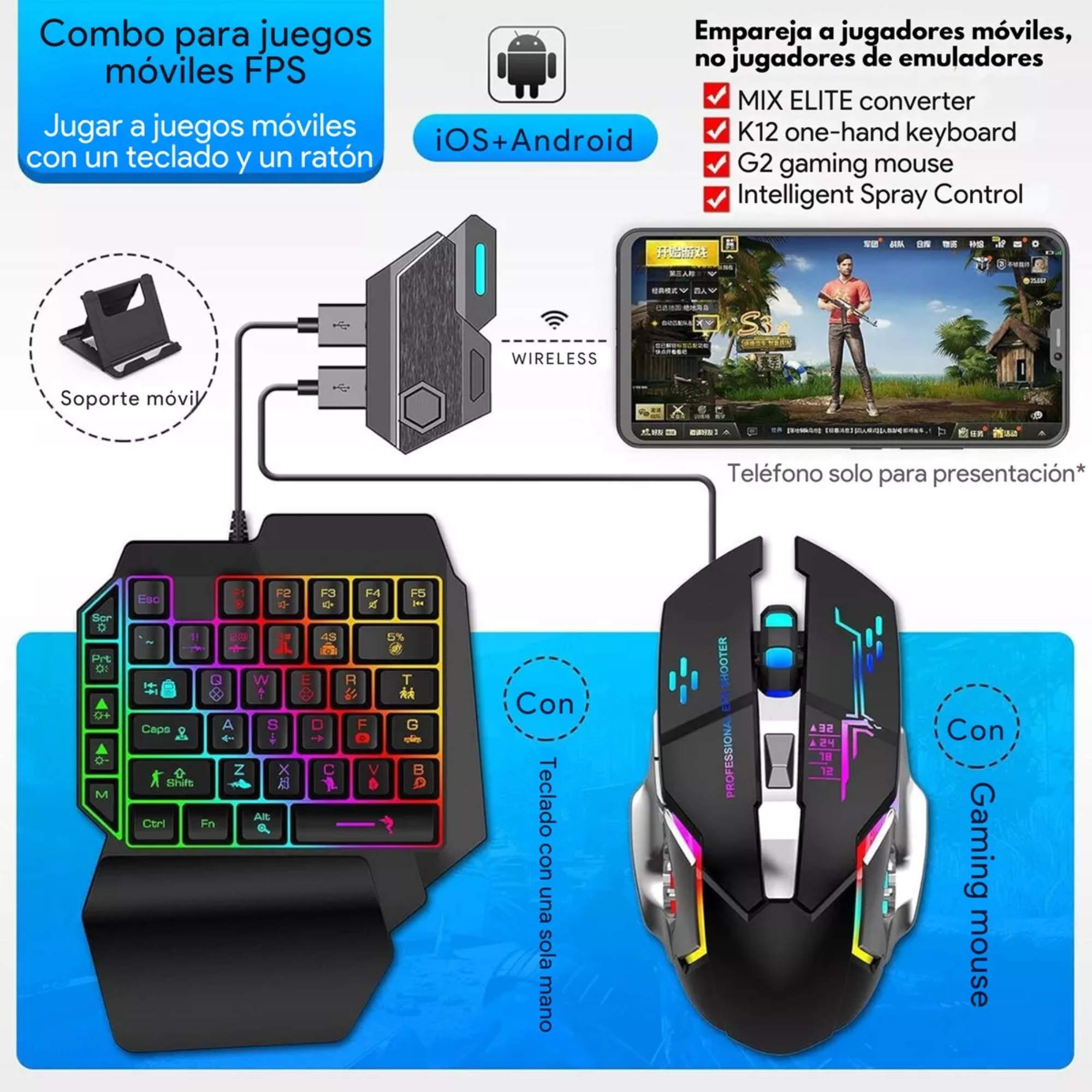 Set Teclado De Una Mano Mouse Gamer 4 En 1 Para Teléfono