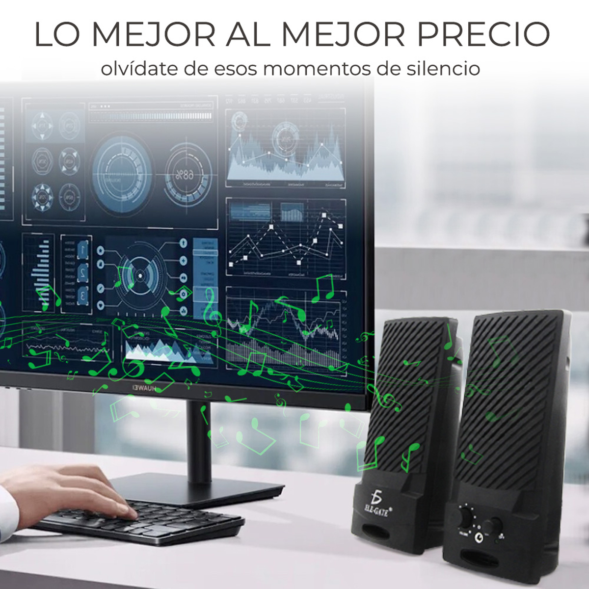 Bocina estéreo para PC con puertos USB y de 3.5 mm, equipada con controles manuales.