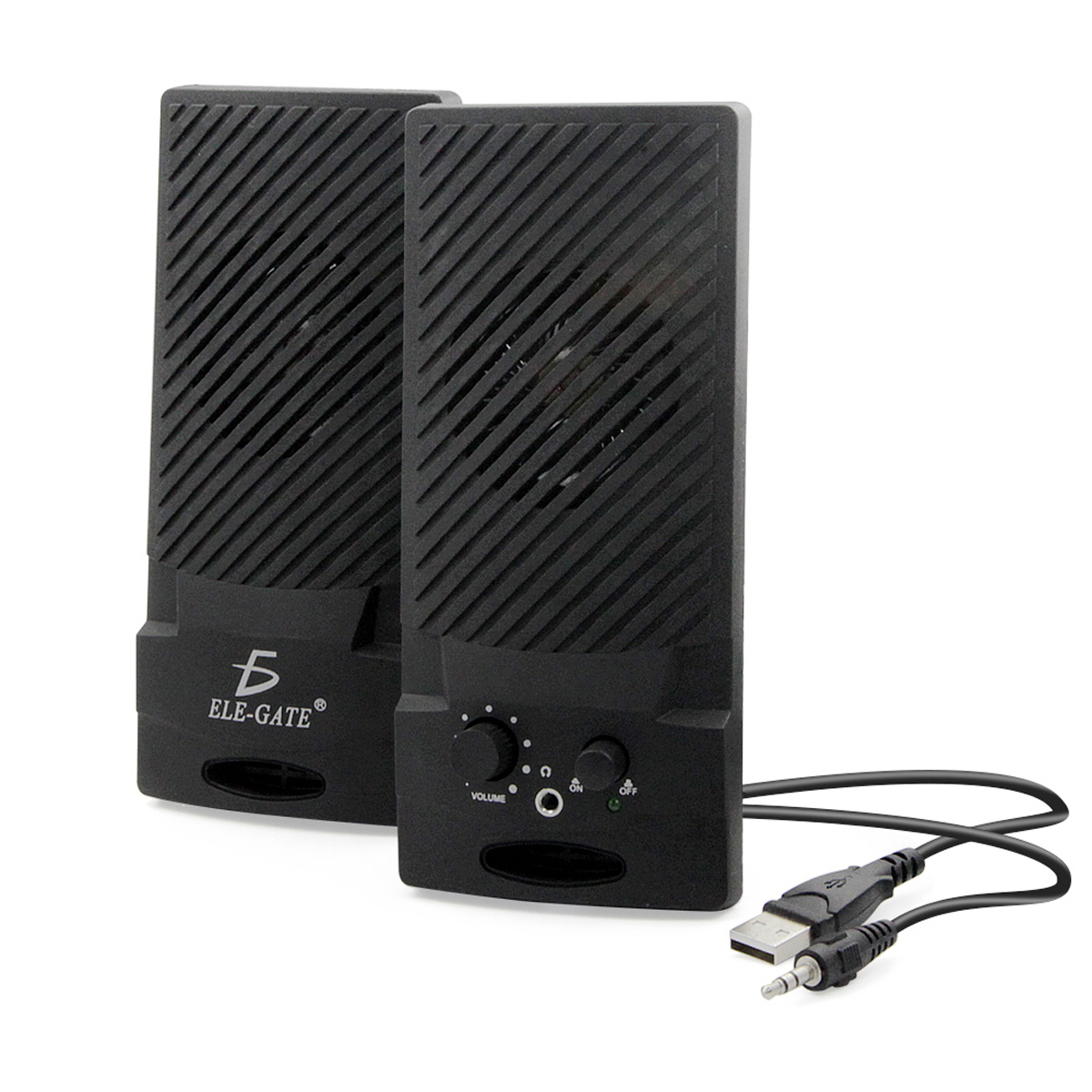 Bocina estéreo para PC con puertos USB y de 3.5 mm, equipada con controles manuales.