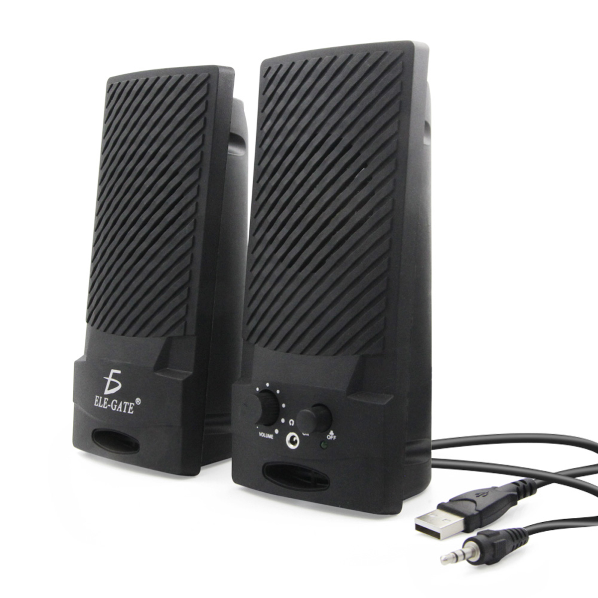Bocina estéreo para PC con puertos USB y de 3.5 mm, equipada con controles manuales.
