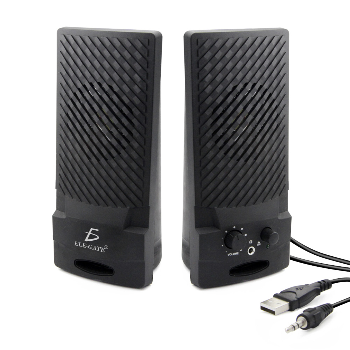 Bocina estéreo para PC con puertos USB y de 3.5 mm, equipada con controles manuales.