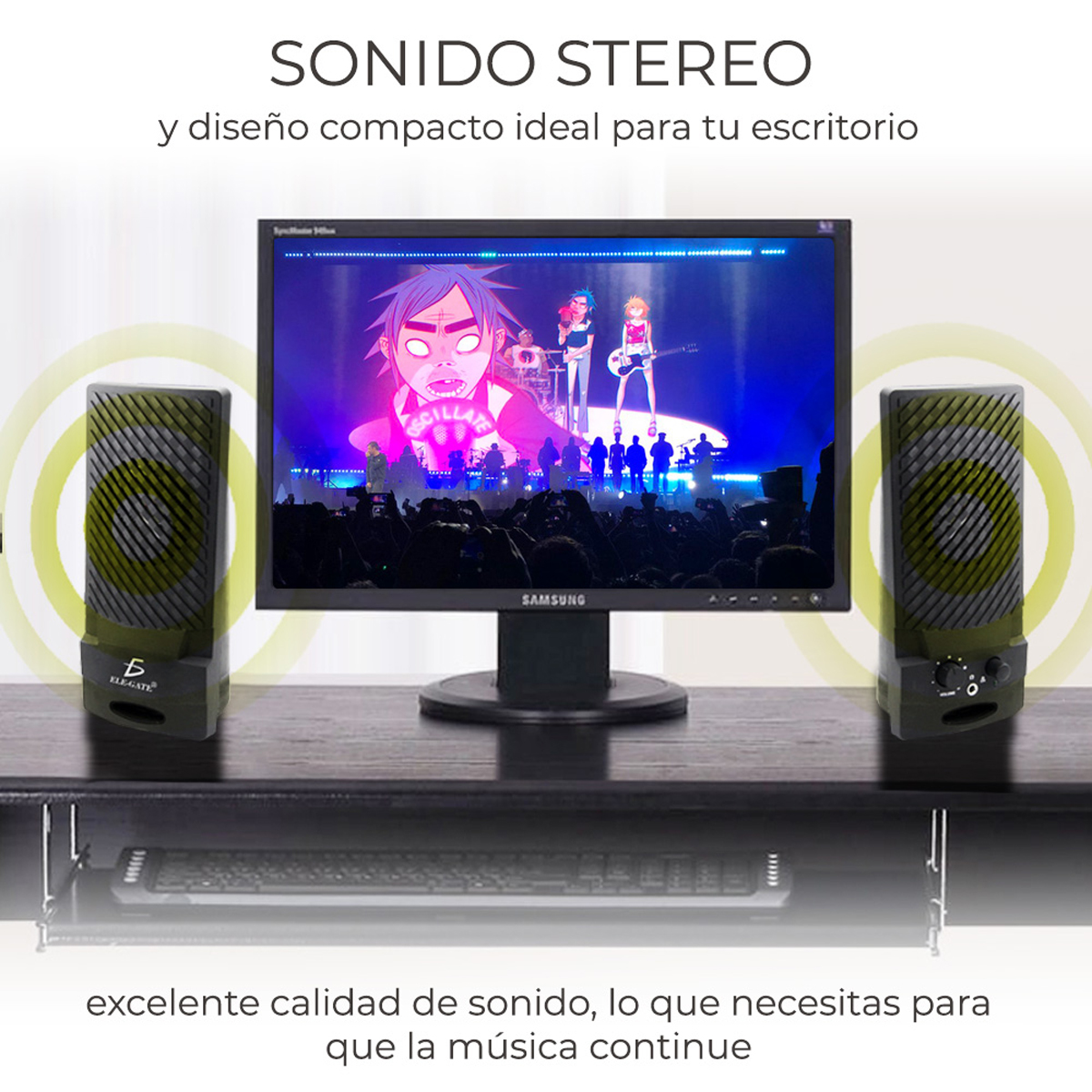 Bocina estéreo para PC con puertos USB y de 3.5 mm, equipada con controles manuales.