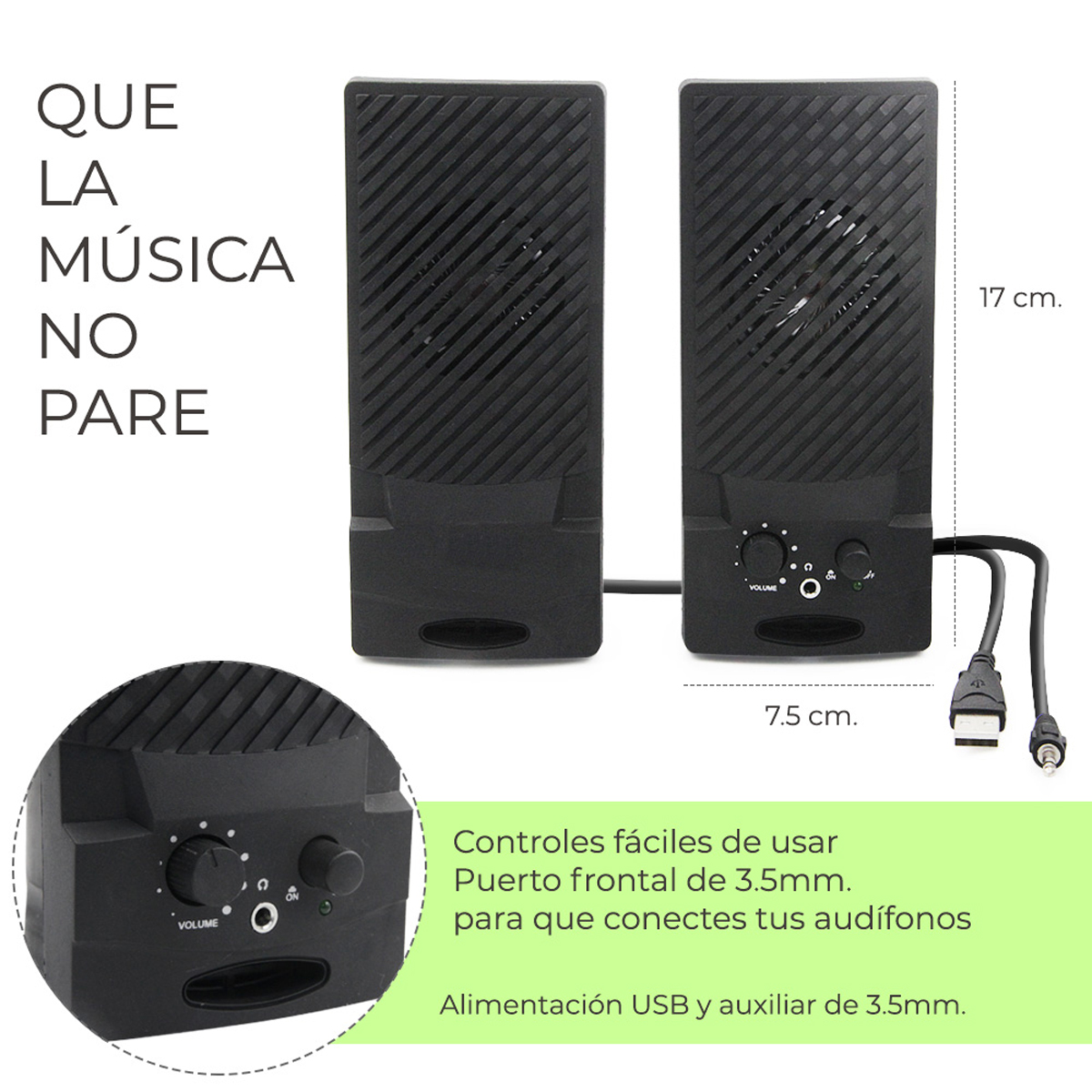 Bocina estéreo para PC con puertos USB y de 3.5 mm, equipada con controles manuales.