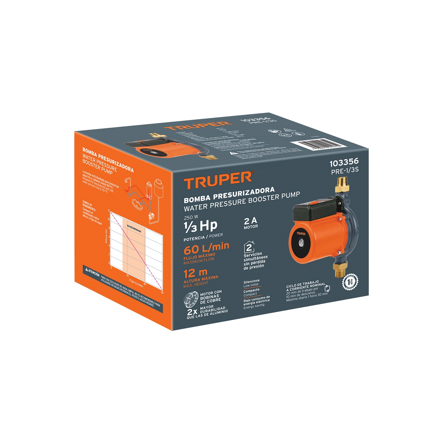 Bomba presurizadora 1/3 HP, Truper altura max.12m 
