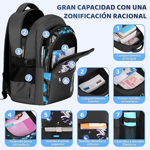 A Nasjac Mochilas Escolares para Niños, 5 Piezas Bolsa Escolar de Astronauta Espacio Gran Capacidad con Fiambrera